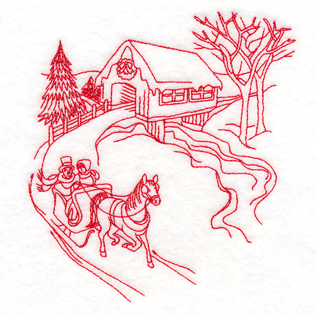 Classic Christmas Scene - Covered Bridge (Redwork)