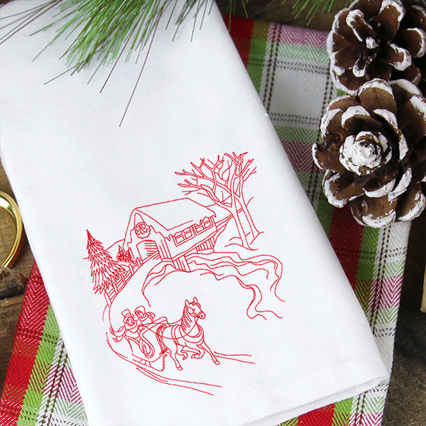 Classic Christmas Scene - Covered Bridge (Redwork)