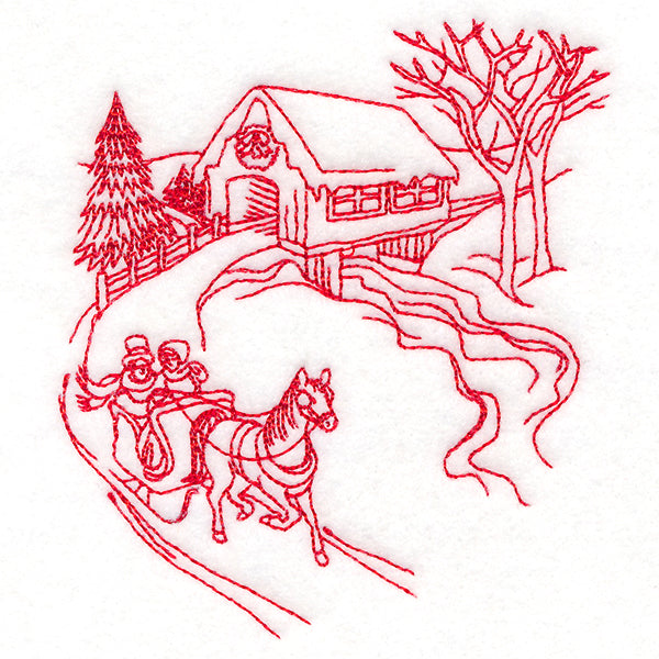Classic Christmas Scene - Covered Bridge (Redwork)