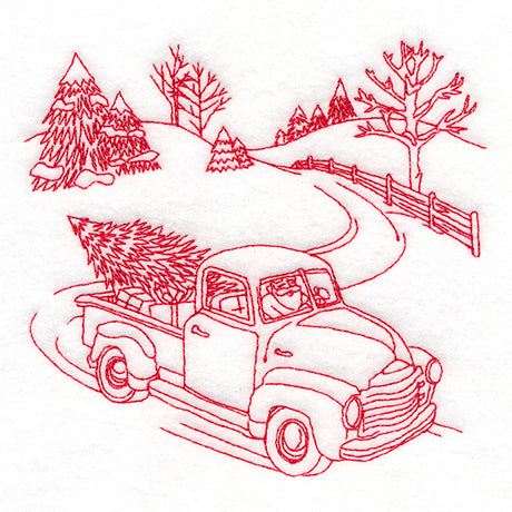 Classic Christmas Scene - Retro Truck (Redwork)