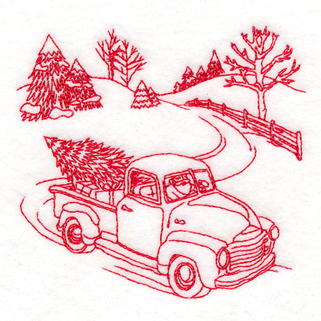 Classic Christmas Scene - Retro Truck (Redwork)