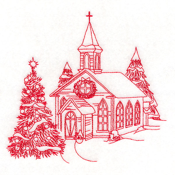 Classic Christmas Scene - Church (Redwork)