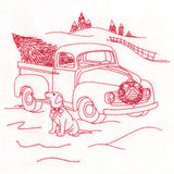 Classic Christmas Scene - Retro Truck with Pup (Redwork)