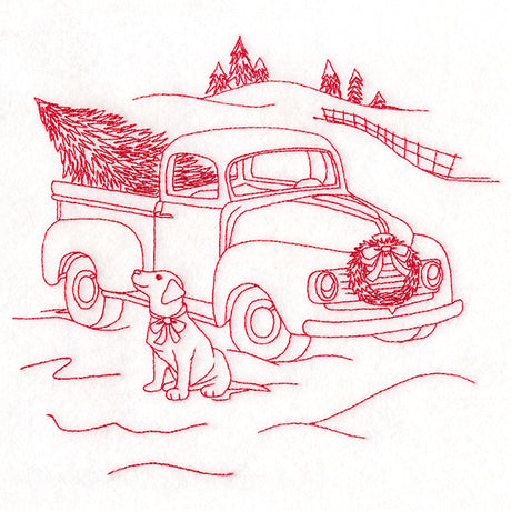Classic Christmas Scene - Retro Truck with Pup (Redwork)