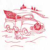 Classic Christmas Scene - Retro Truck with Pup (Redwork)