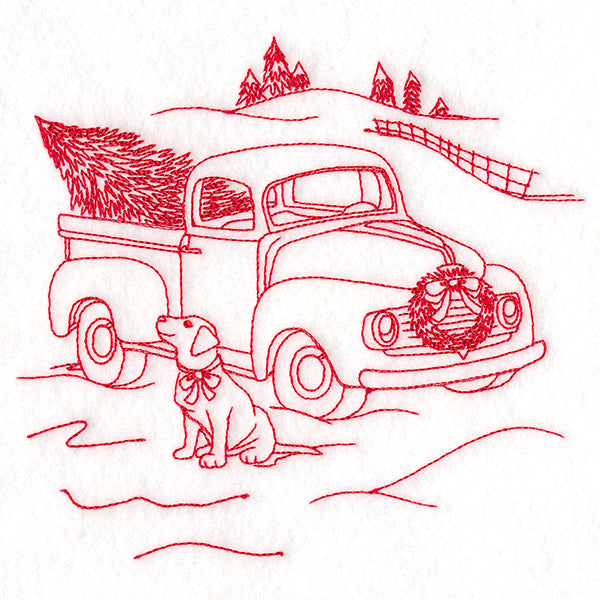 Classic Christmas Scene - Retro Truck with Pup (Redwork)
