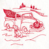 Classic Christmas Scene - Retro Truck with Pup (Redwork)