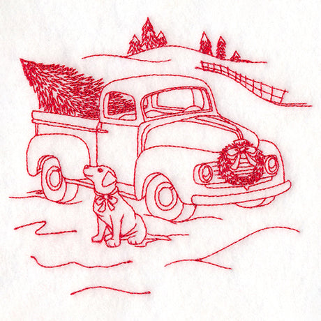 Classic Christmas Scene - Retro Truck with Pup (Redwork)