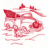 Classic Christmas Scene - Retro Truck with Pup (Redwork)