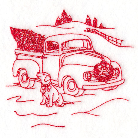 Classic Christmas Scene - Retro Truck with Pup (Redwork)