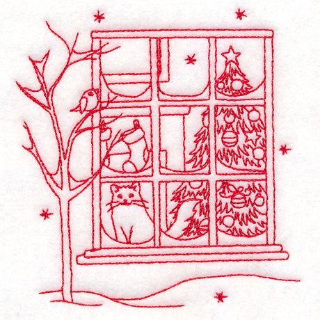 Classic Christmas Scene - Window (Redwork)