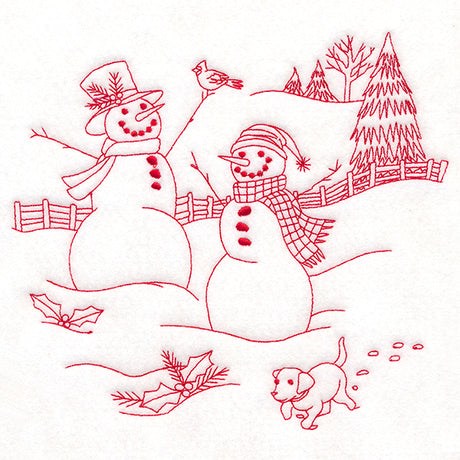Classic Christmas Scene - Snowmen with Pup (Redwork)