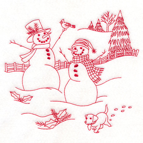 Classic Christmas Scene - Snowmen with Pup (Redwork)