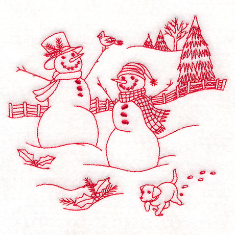 Classic Christmas Scene - Snowmen with Pup (Redwork)