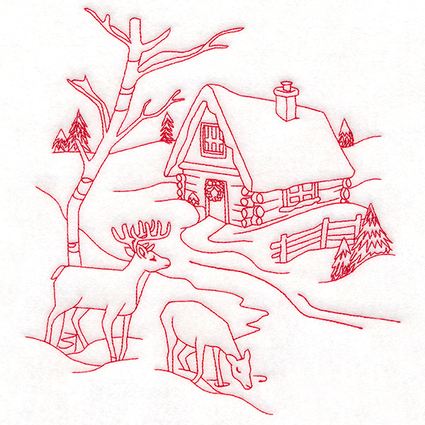Classic Christmas Scene - Cottage (Redwork)