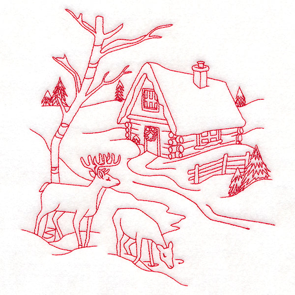 Classic Christmas Scene - Cottage (Redwork)