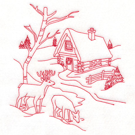 Classic Christmas Scene - Cottage (Redwork)