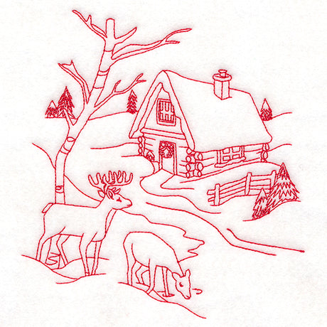 Classic Christmas Scene - Cottage (Redwork)