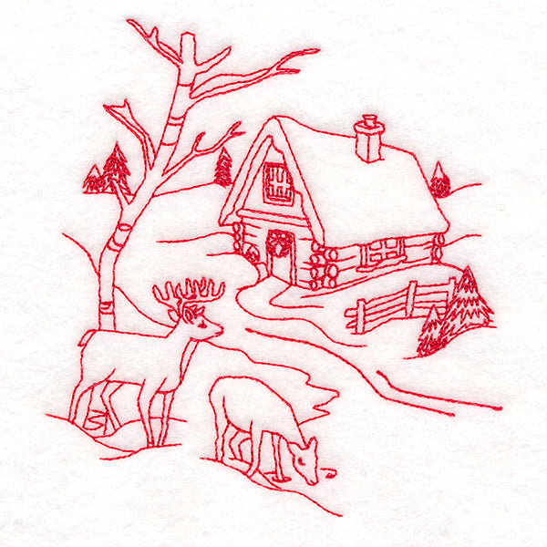 Classic Christmas Scene - Cottage (Redwork)