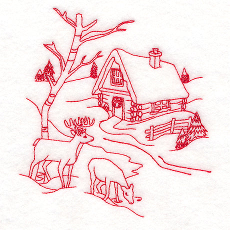 Classic Christmas Scene - Cottage (Redwork)