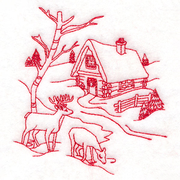 Classic Christmas Scene - Cottage (Redwork)