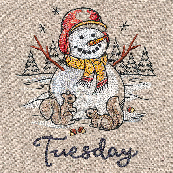Country Snowman and Squirrels on Tuesday