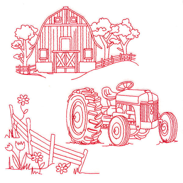 Classic Farm Scene - Tractor (Redwork)