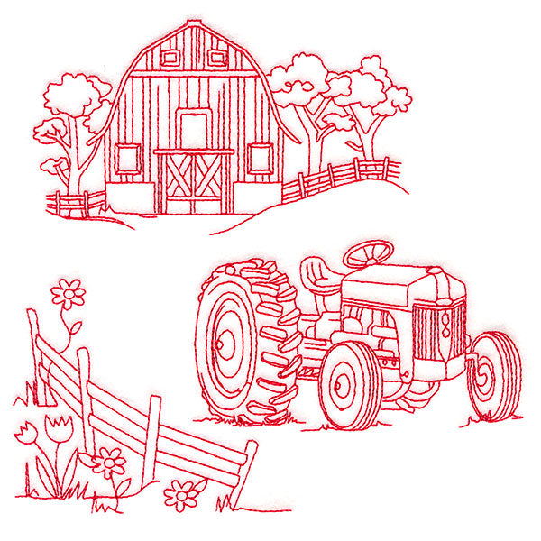 Classic Farm Scene - Tractor (Redwork)