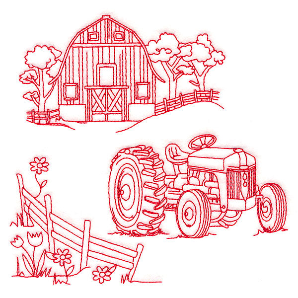 Classic Farm Scene - Tractor (Redwork)