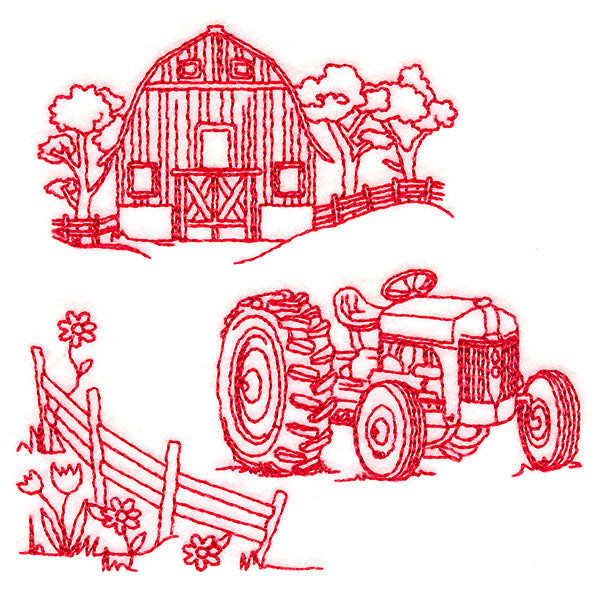 Classic Farm Scene - Tractor (Redwork)