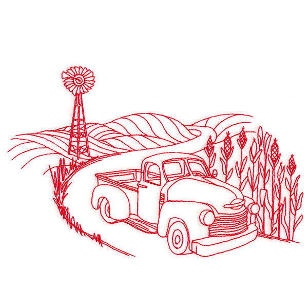 Classic Farm Scene - Retro Truck (Redwork)