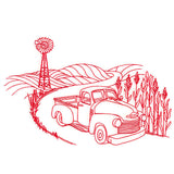 Classic Farm Scene - Retro Truck (Redwork)