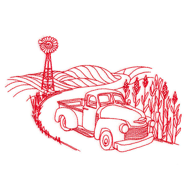 Classic Farm Scene - Retro Truck (Redwork)