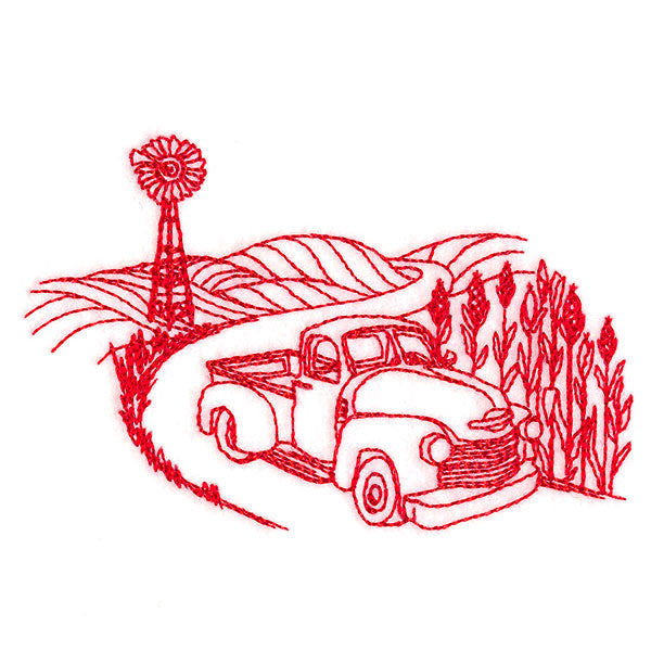 Classic Farm Scene - Retro Truck (Redwork)