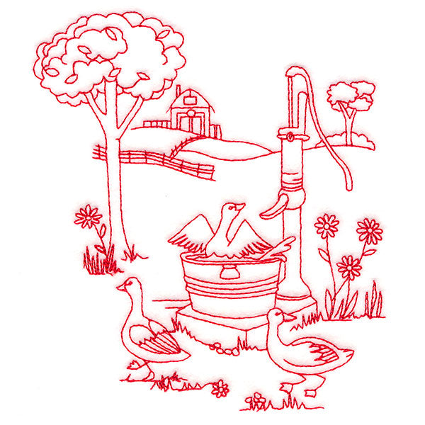 Classic Farm Scene - Water Pump (Redwork)