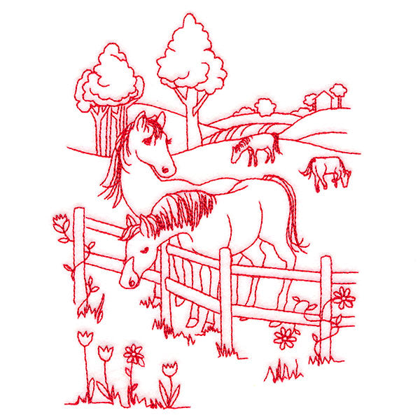 Classic Farm Scene - Horses (Redwork)