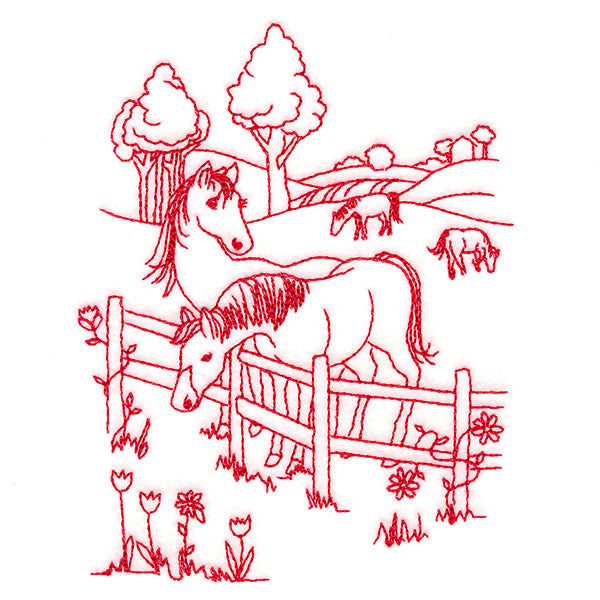 Classic Farm Scene - Horses (Redwork)