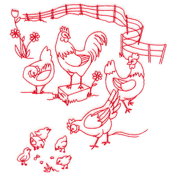 Classic Farm Scene - Chickens (Redwork)