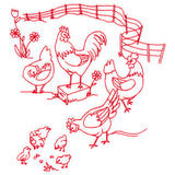 Classic Farm Scene - Chickens (Redwork)