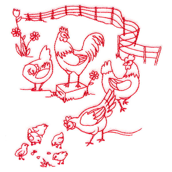 Classic Farm Scene - Chickens (Redwork)