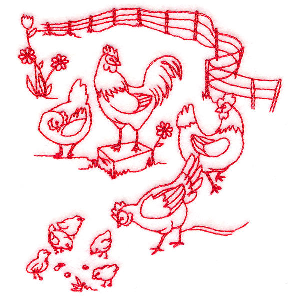 Classic Farm Scene - Chickens (Redwork)