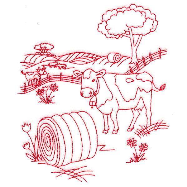 Classic Farm Scene - Cows (Redwork)