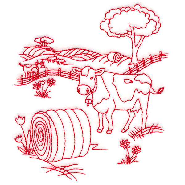 Classic Farm Scene - Cows (Redwork)
