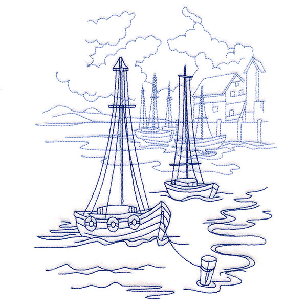 Classic Beach Scene - Harbor (Bluework)