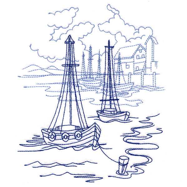 Classic Beach Scene - Harbor (Bluework)