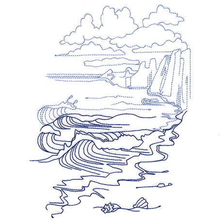 Classic Beach Scene - Cliffside Waves (Bluework)
