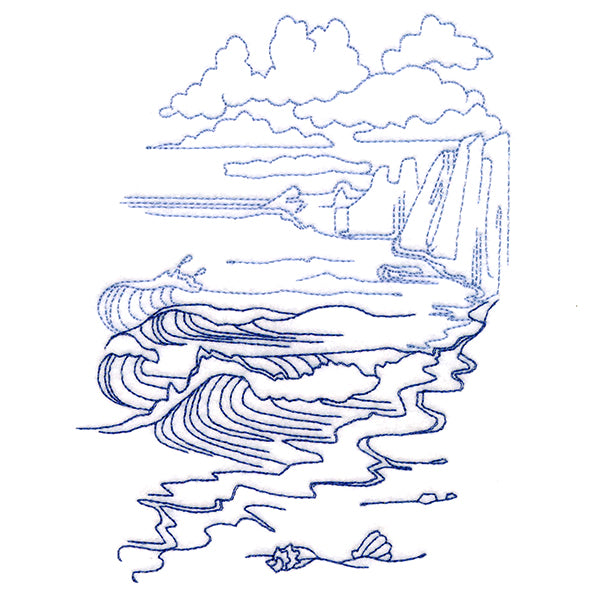 Classic Beach Scene - Cliffside Waves (Bluework)