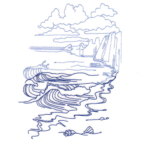 Classic Beach Scene - Cliffside Waves (Bluework)