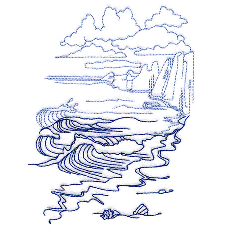 Classic Beach Scene - Cliffside Waves (Bluework)
