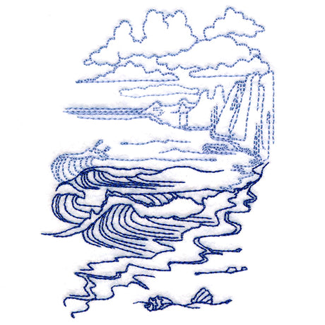Classic Beach Scene - Cliffside Waves (Bluework)